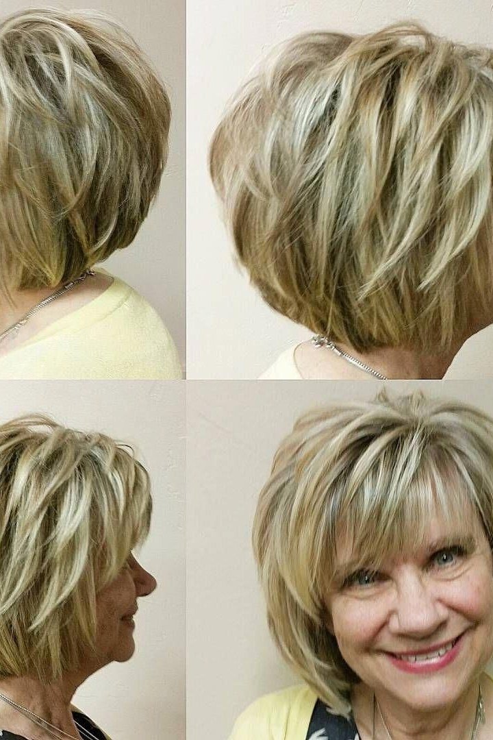 Blonde layered bob, 4-panel collage, mature - voluminous layered bob hairstyle for women over 50