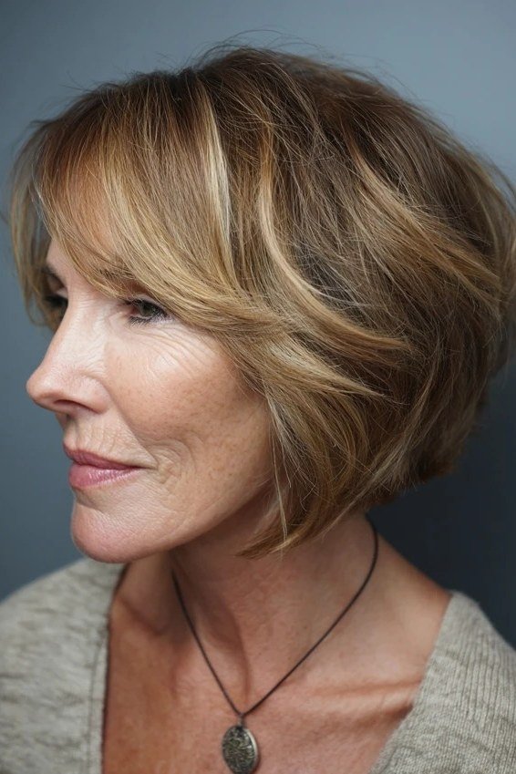 Honey-brown layered bob, side view, mature - voluminous layered bob hairstyle for women over 50