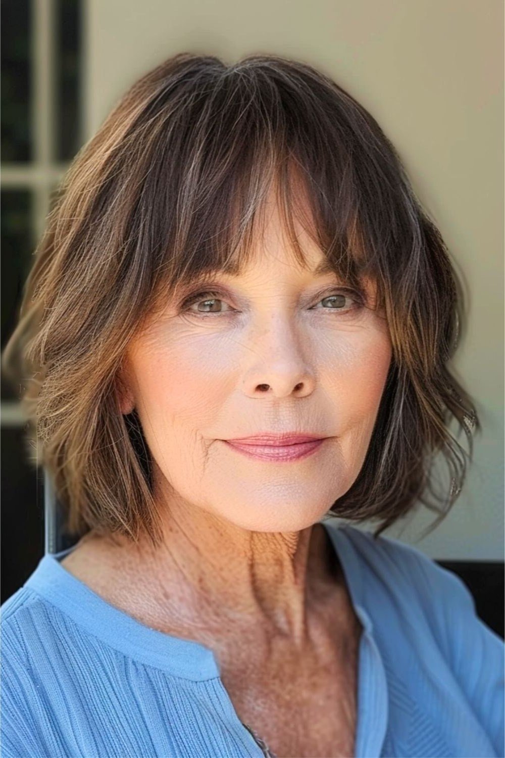 Brunette layered bob, front view, mature - voluminous layered bob hairstyle for women over 50