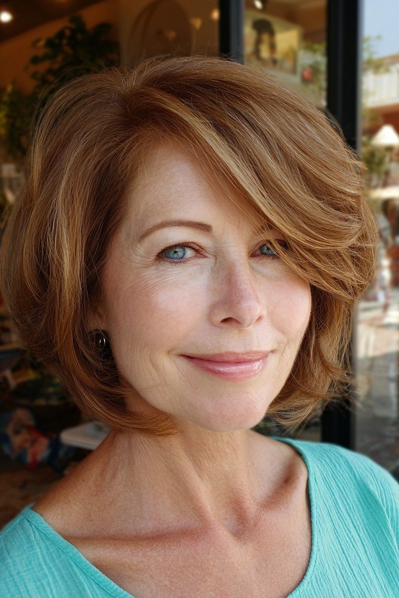 Copper layered bob, front view, mature - voluminous layered bob hairstyle for women over 50