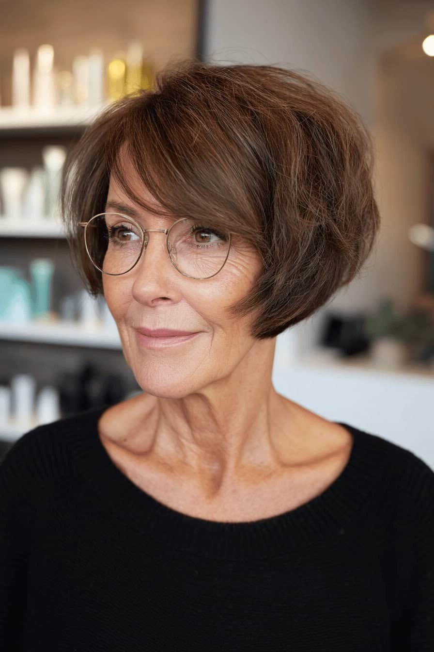 Brown layered bob with glasses, front view - voluminous layered bob hairstyle for women over 50