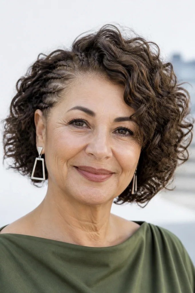 Curly dark layered bob, front view, mature - voluminous layered bob hairstyle for women over 50