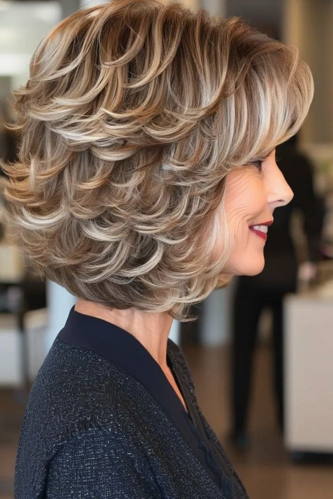 Highlighted curly layered bob, side view - voluminous layered bob hairstyle for women over 50