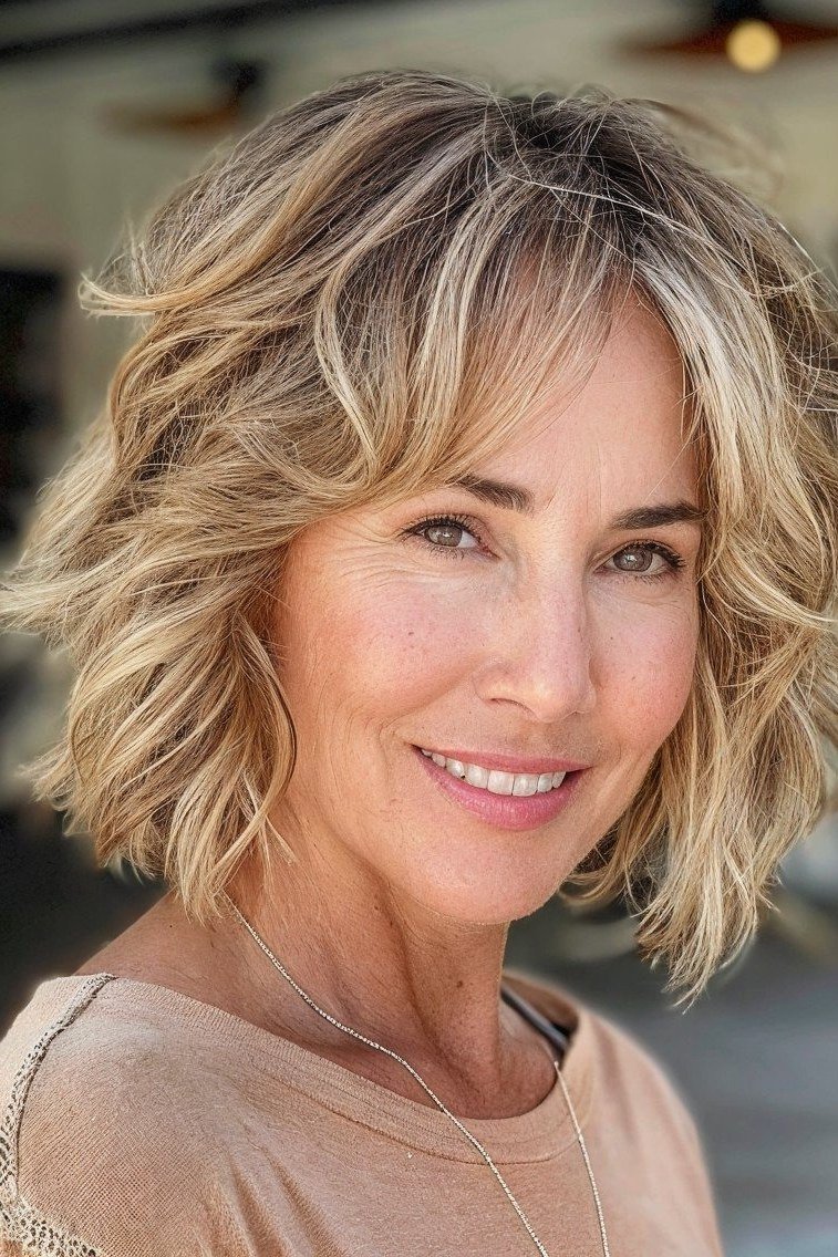 Blonde wavy layered bob, front view, mature - voluminous layered bob hairstyle for women over 50