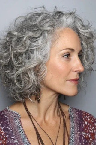Silver curly layered bob, side view, mature - voluminous layered bob hairstyle for women over 50