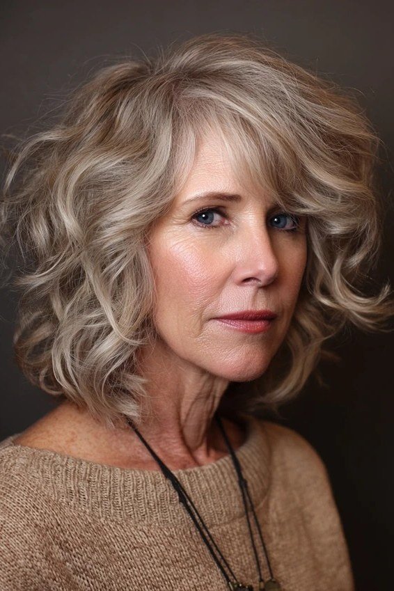 Silver wavy layered bob, front view, mature - voluminous layered bob hairstyle for women over 50