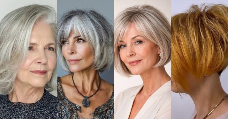 Voluminous layered bob hairstyles for women over 50 - collage of silver, blonde and copper bobs