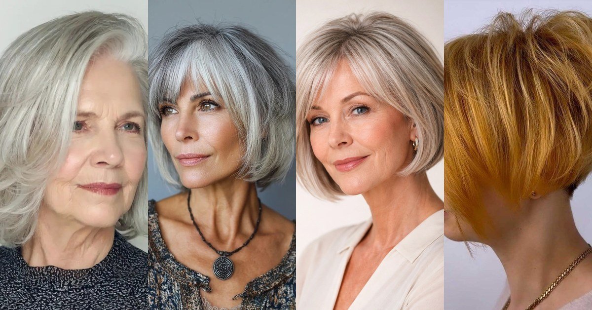 Voluminous layered bob hairstyles for women over 50 - collage of silver, blonde and copper bobs