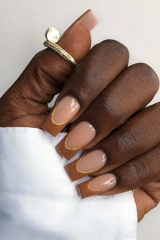 Nude almond nails with white cuff for women over 50