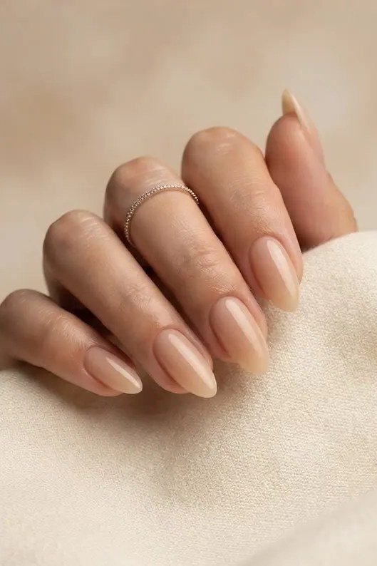 Warm nude medium almond nails for women over 50
