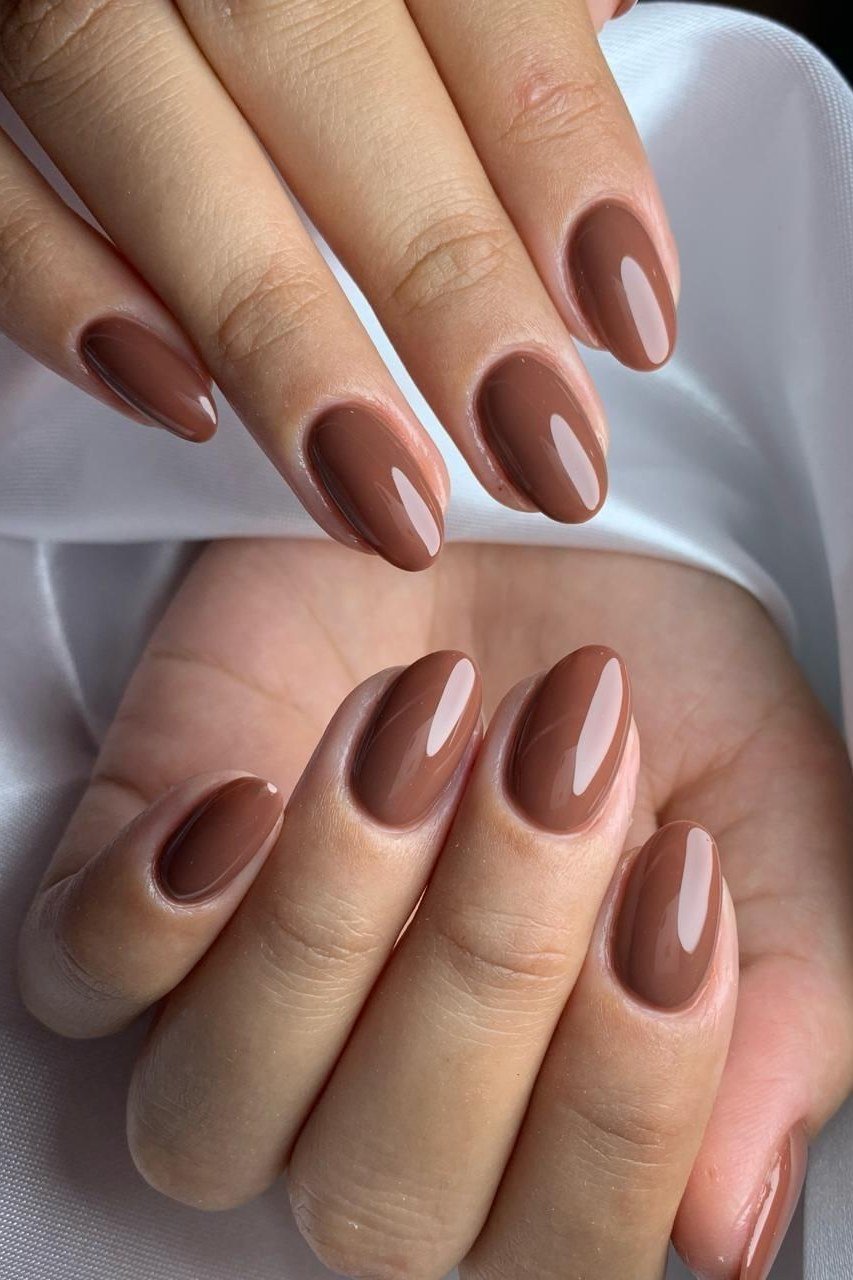 Chocolate brown nude almond nails for women over 50