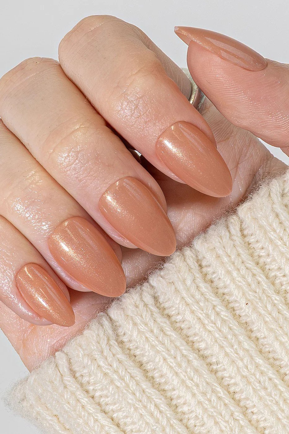 Caramel nude medium almond nails for women over 50