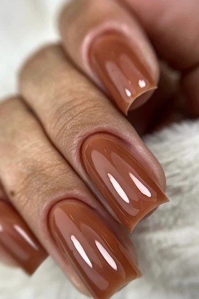Glossy chocolate brown short square nails for women over 50