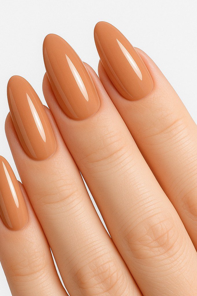 Caramel nude long almond nails for women over 50