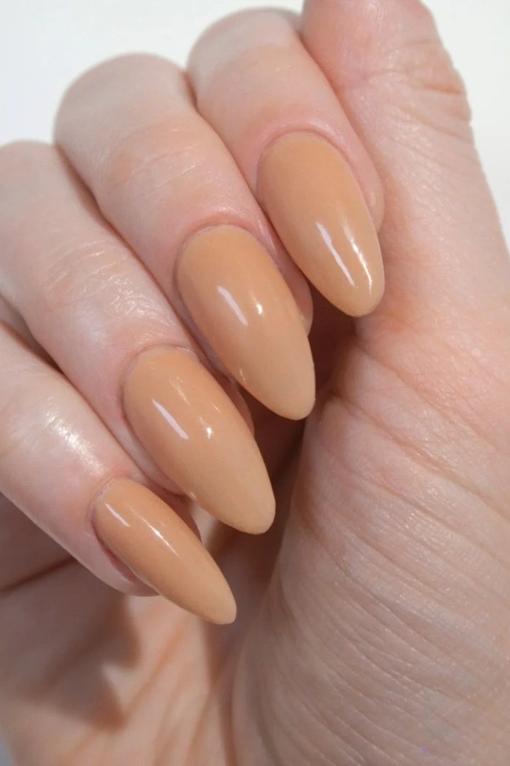 Caramel nude long almond nails for women over 50