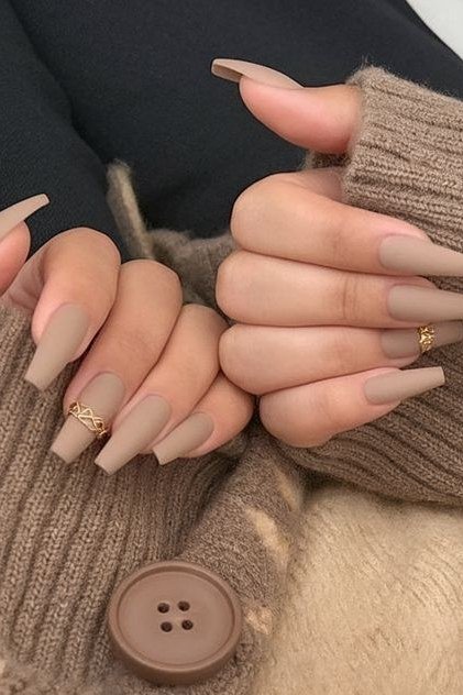 Matte warm beige nude long square nails for women over 50