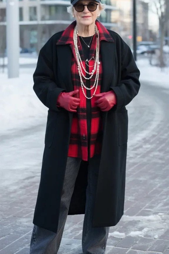 Woman in long black coat styled with red plaid scarf, red gloves and black baseball cap