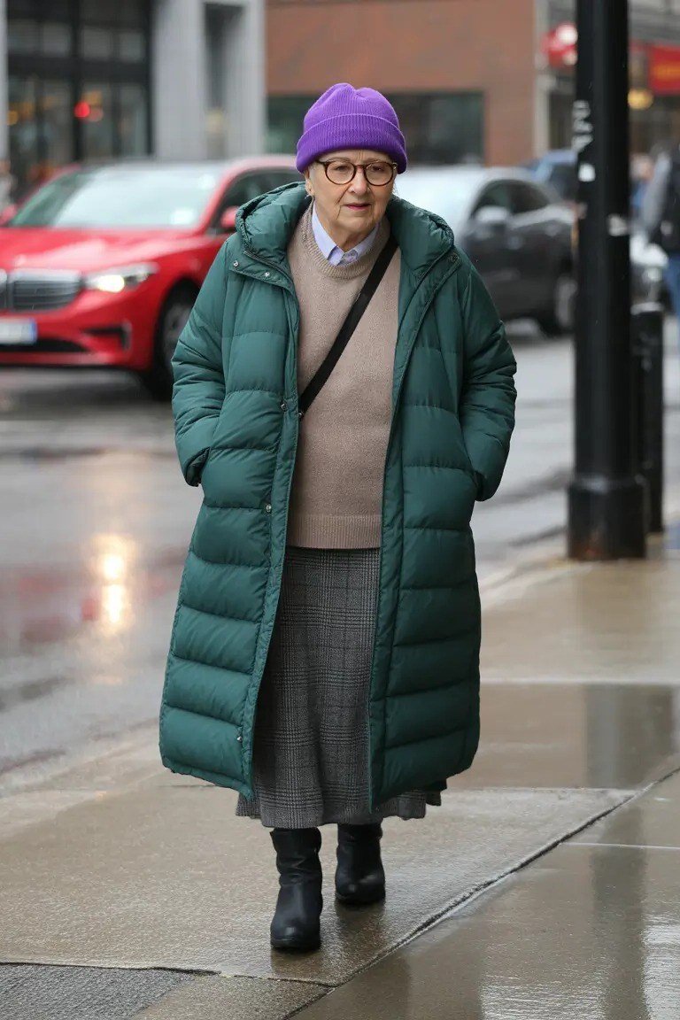Older woman in long teal puffer coat with taupe sweater, grey pleated skirt and purple beanie
