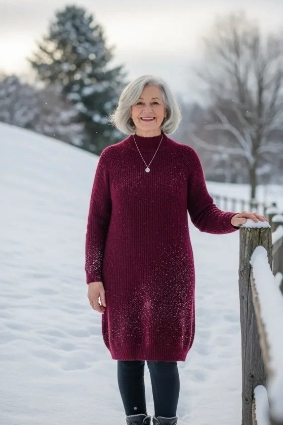 Woman in burgundy knit sweater dress with black tights and black ankle boots