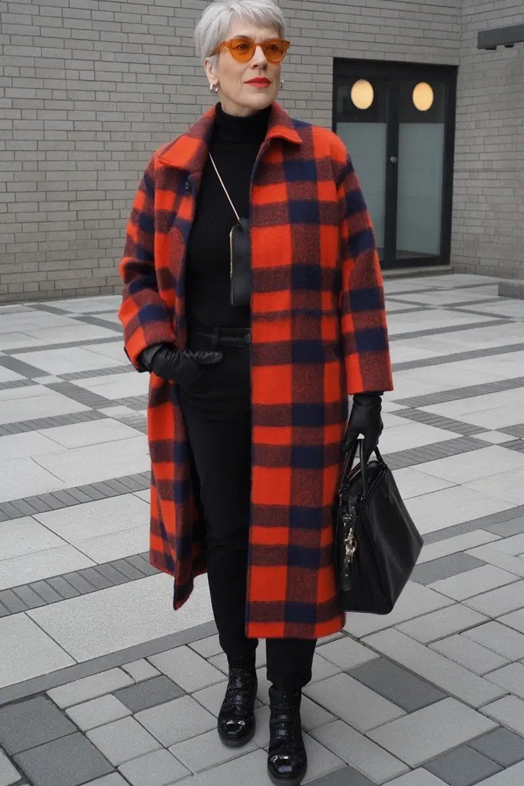 Woman in red and black buffalo plaid long coat with black turtleneck and black trousers