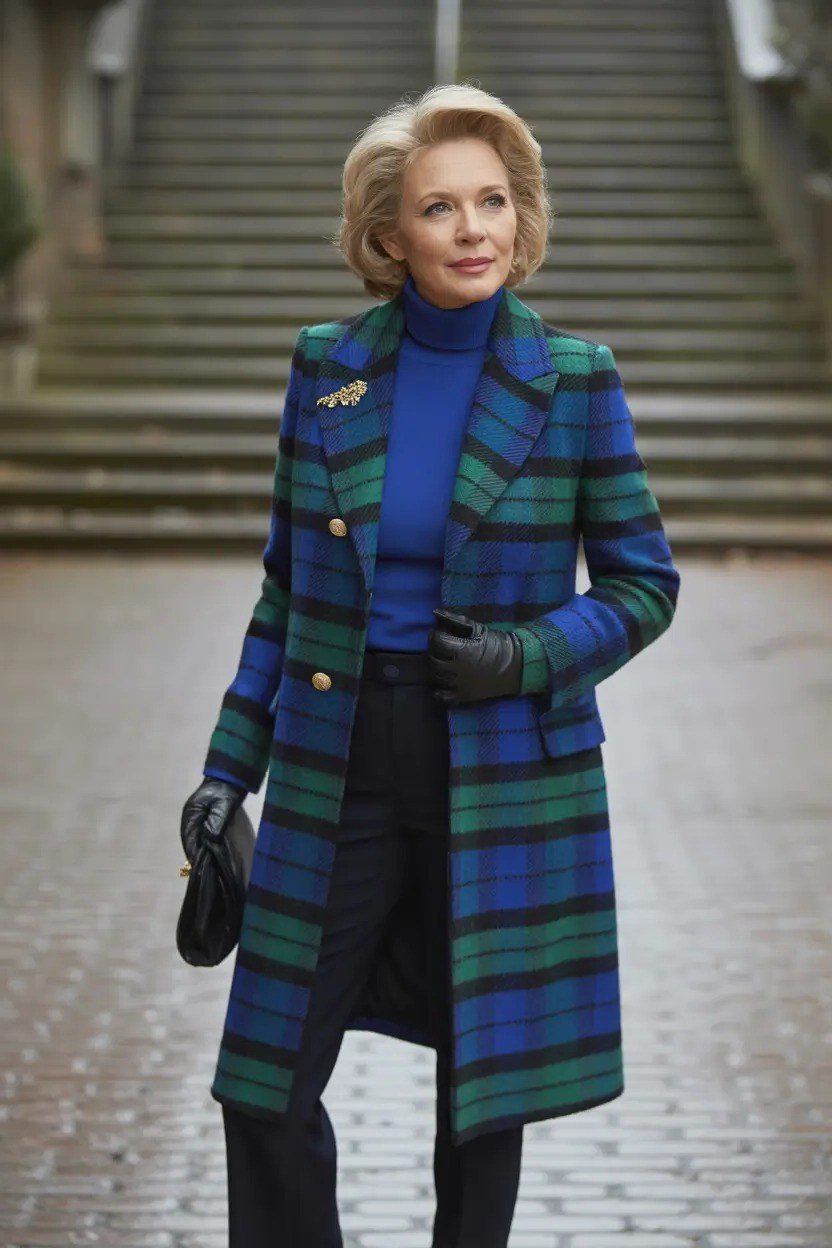 Woman over 60 in green and blue plaid long coat with royal blue turtleneck and black trousers