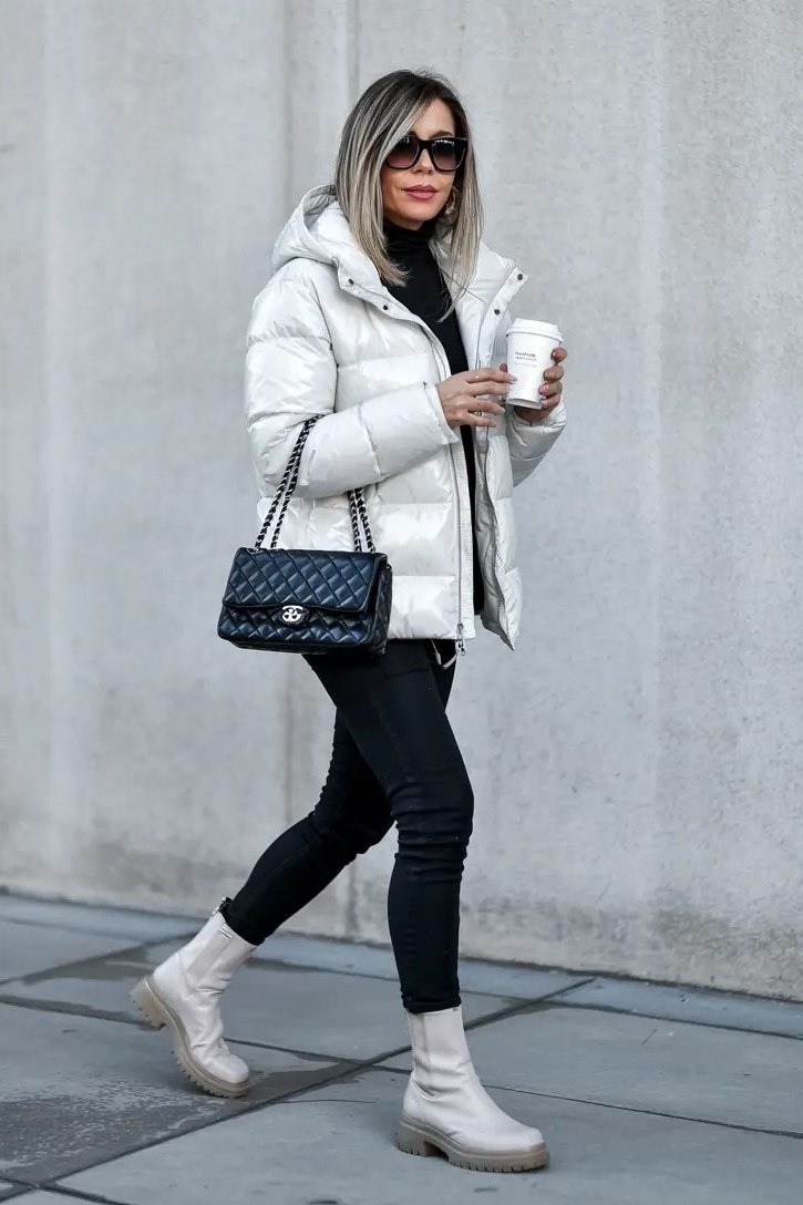 Woman over 60 wearing white puffer jacket with black turtleneck, black leggings and white boots