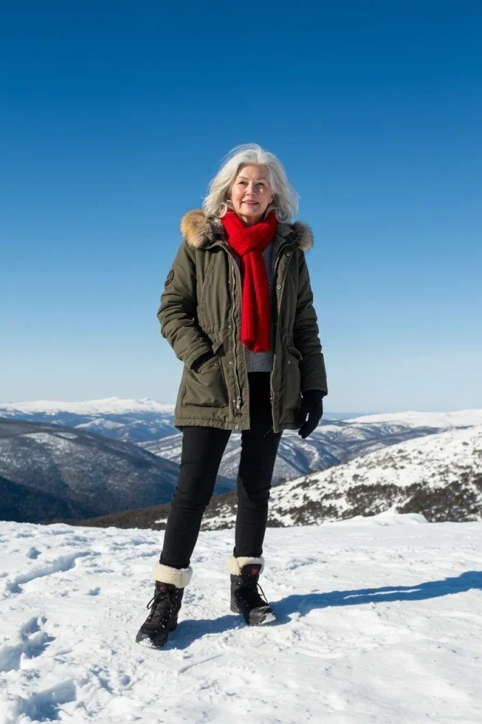 Woman over 60 in olive green parka with red scarf and black trousers in snowy mountains