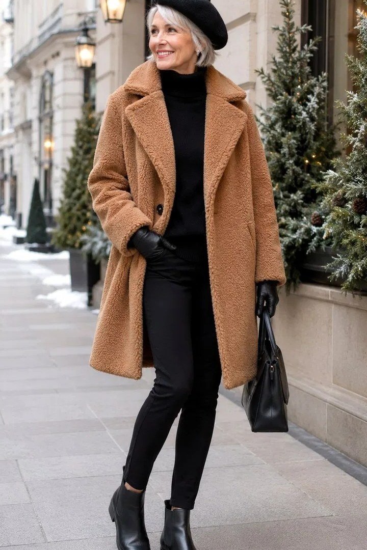 Woman in camel coat with black turtleneck, black jeans, black beret and black ankle boots