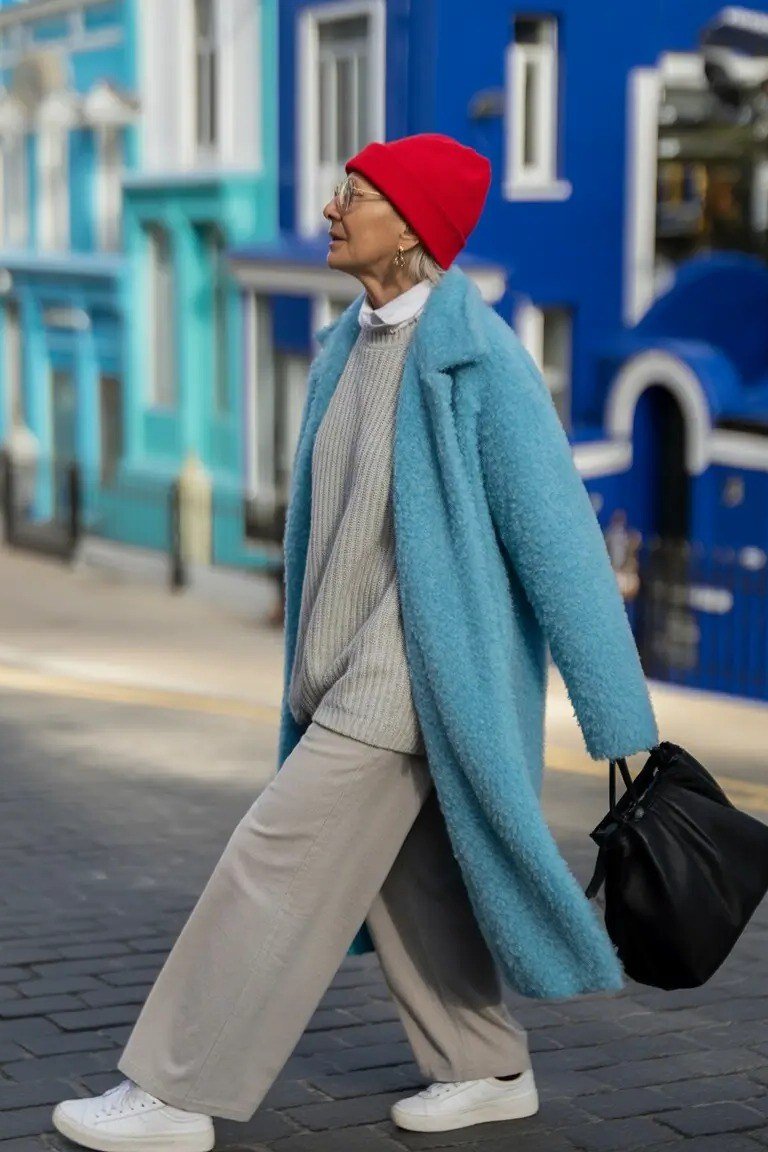 Older woman in teal long coat with red beanie, beige wide leg trousers and white sneakers
