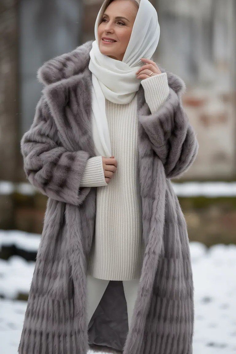 Older woman in grey faux fur long coat with cream turtleneck and white headscarf
