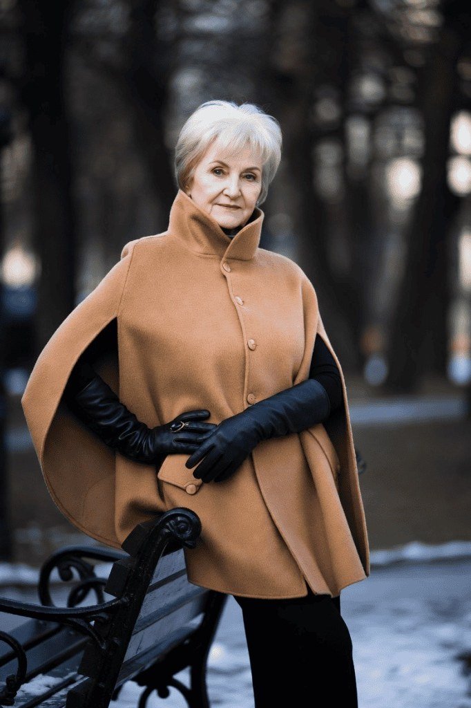 Older woman in camel wool cape with black gloves in snowy park