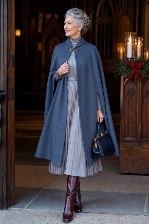 Woman wearing blue grey cape over grey pleated dress with burgundy ankle boots