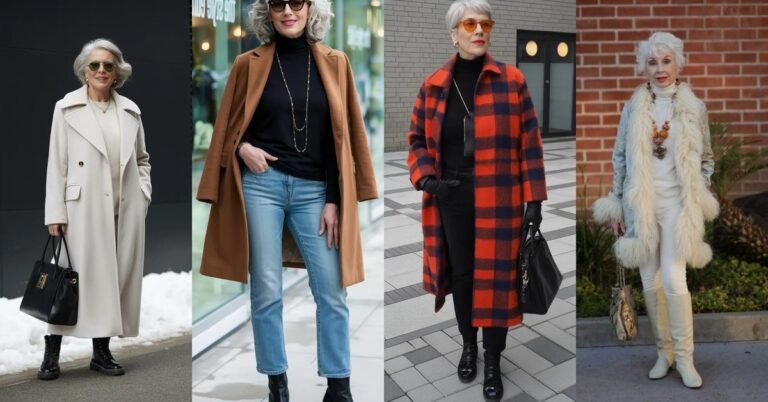 Collage of warm winter outfits for women over 60: wool coats, puffer jackets and cozy knits