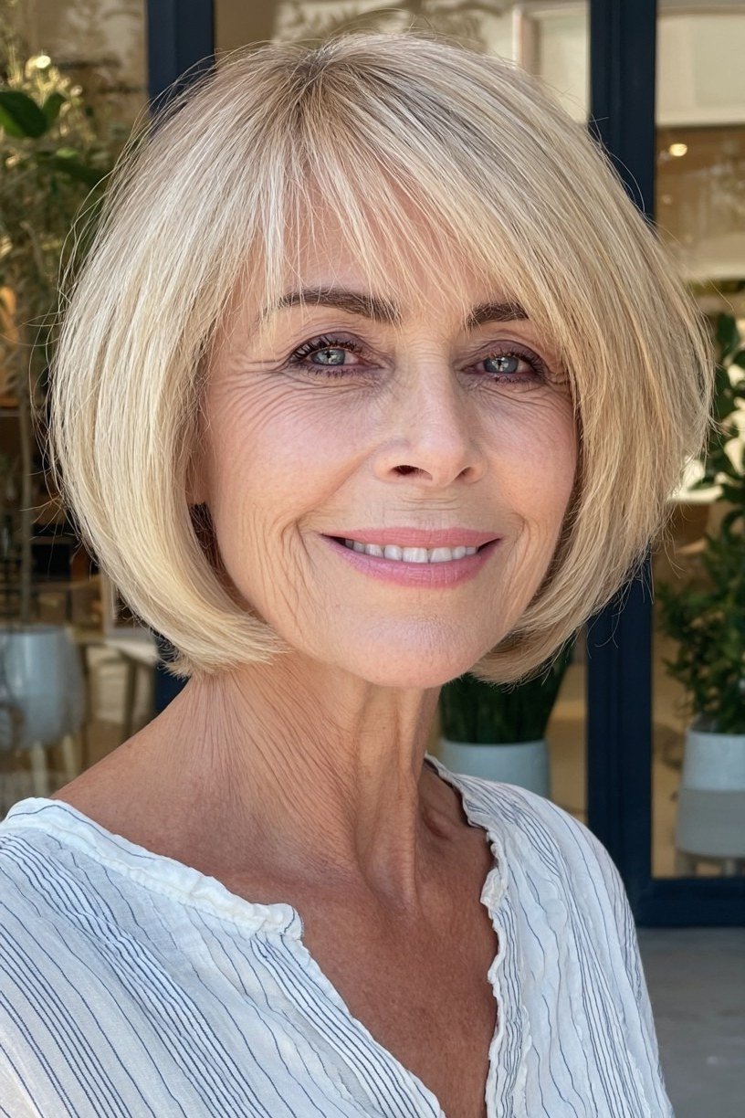 Blonde bob with bangs, front, white shirt - wash and wear haircut for women over 60
