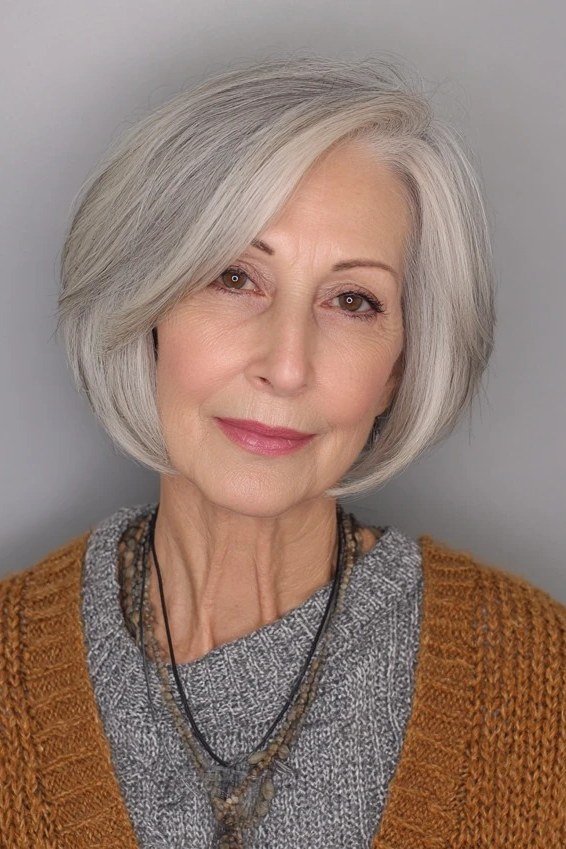 Silver-grey bob, front, mustard cardigan - wash and wear haircut for women over 60