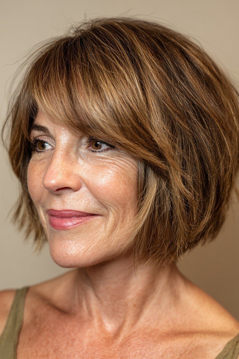 Brunette layered bob with bangs, front, olive tank - wash and wear haircut for women over 60