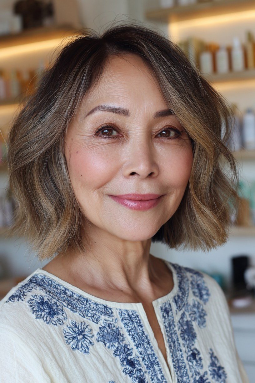 Brunette wavy bob, front, Asian woman, embroidered blouse - wash and wear haircut for women over 60