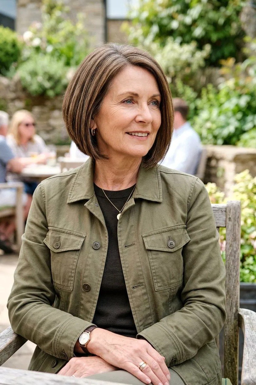 Brown bob, front, outdoor, green jacket - wash and wear haircut for women over 60