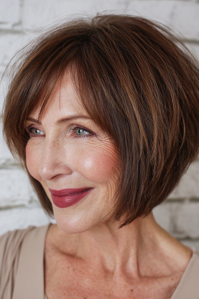 Brunette bob with bangs, front, brick wall - wash and wear haircut for women over 60