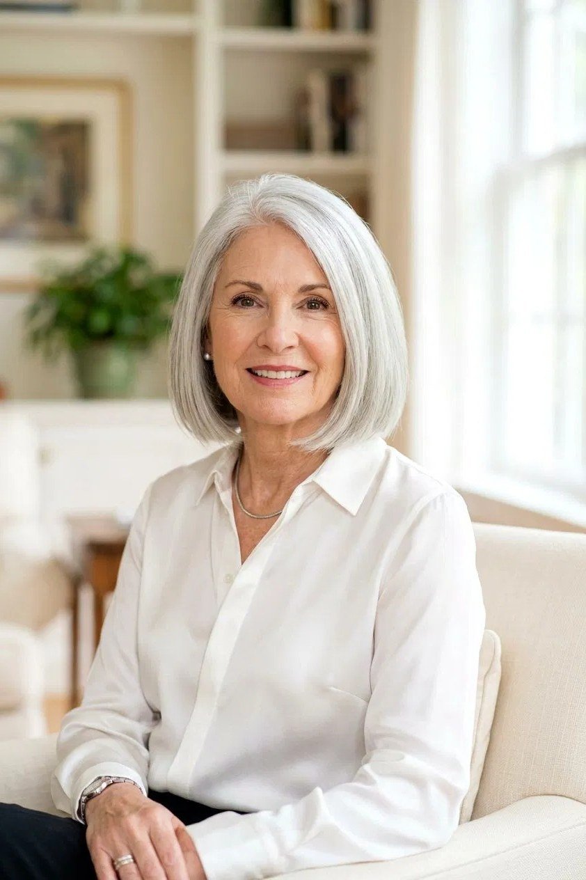 Silver straight bob, front, seated, white shirt - wash and wear haircut for women over 60