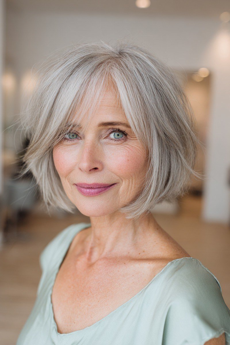 Silver shaggy bob, front, mint top - wash and wear haircut for women over 60