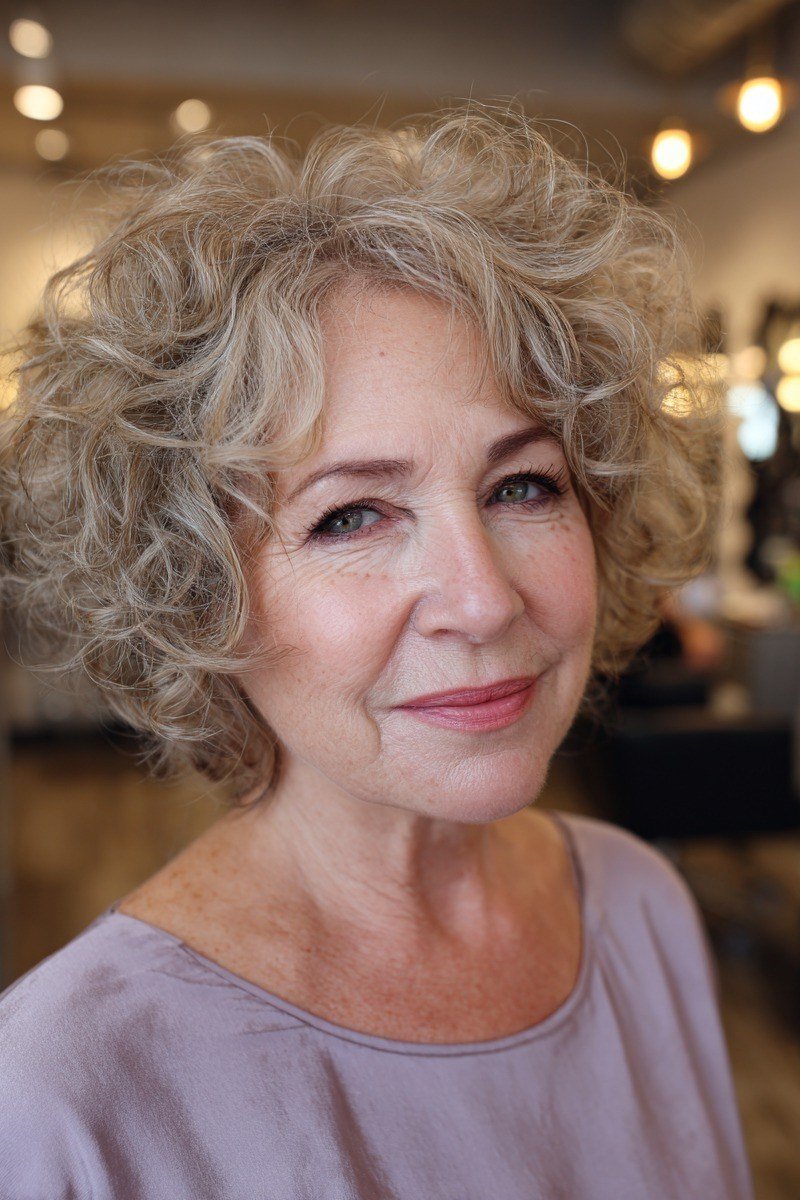 Curly silver-grey short bob, front, lavender top - wash and wear haircut for women over 60