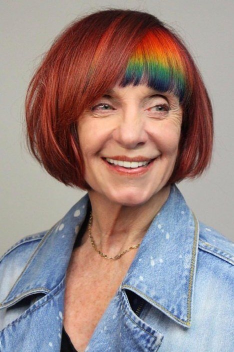 Rainbow-red bob, front, denim shirt - wash and wear haircut for women over 60