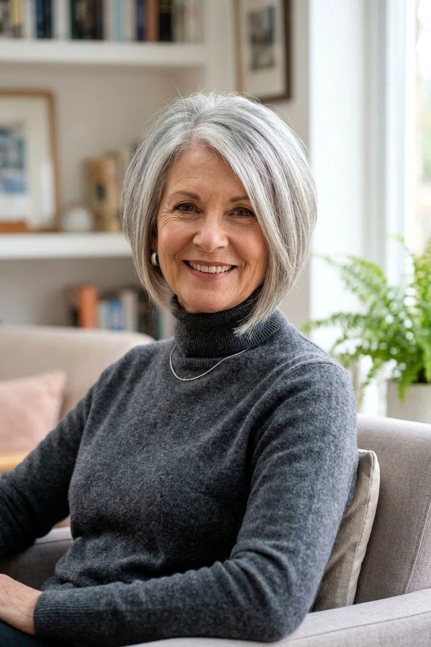 Grey bob, front, seated, grey turtleneck - wash and wear haircut for women over 60