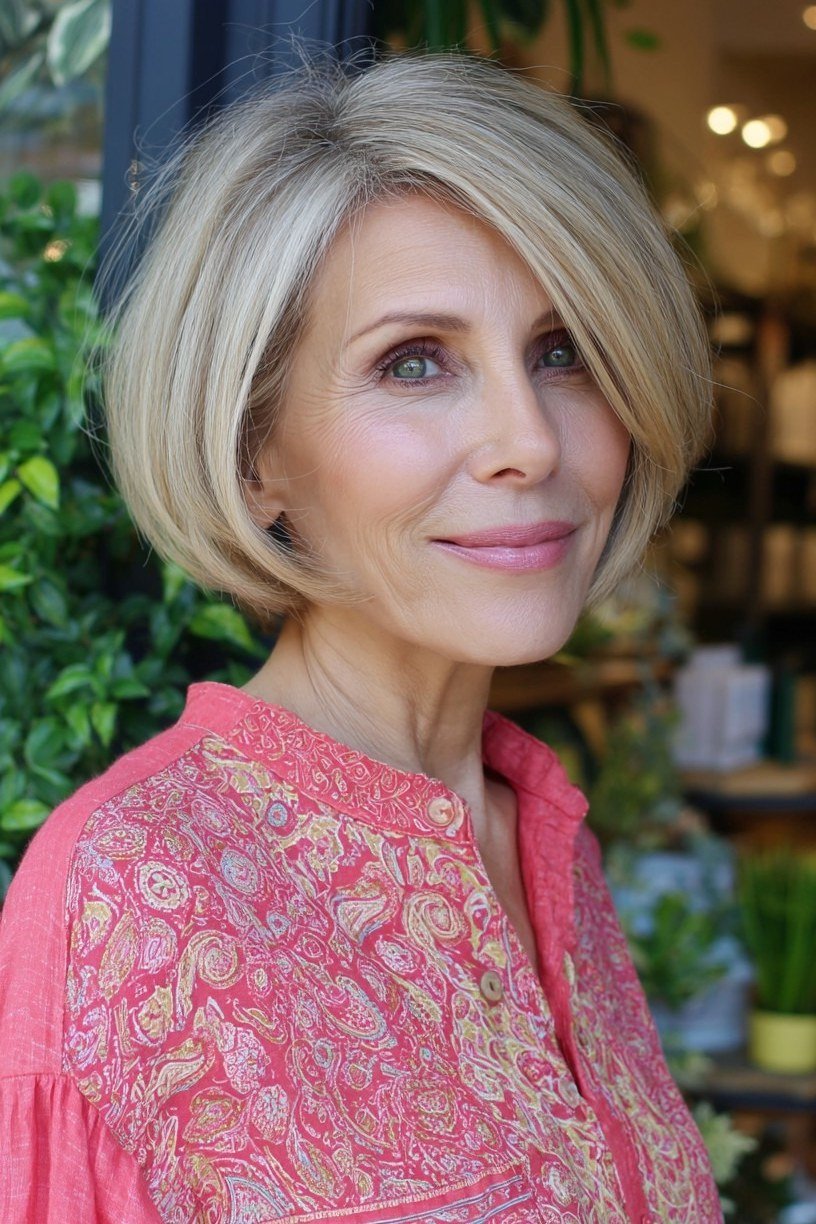 Blonde layered bob, front, pink blouse - wash and wear haircut for women over 60