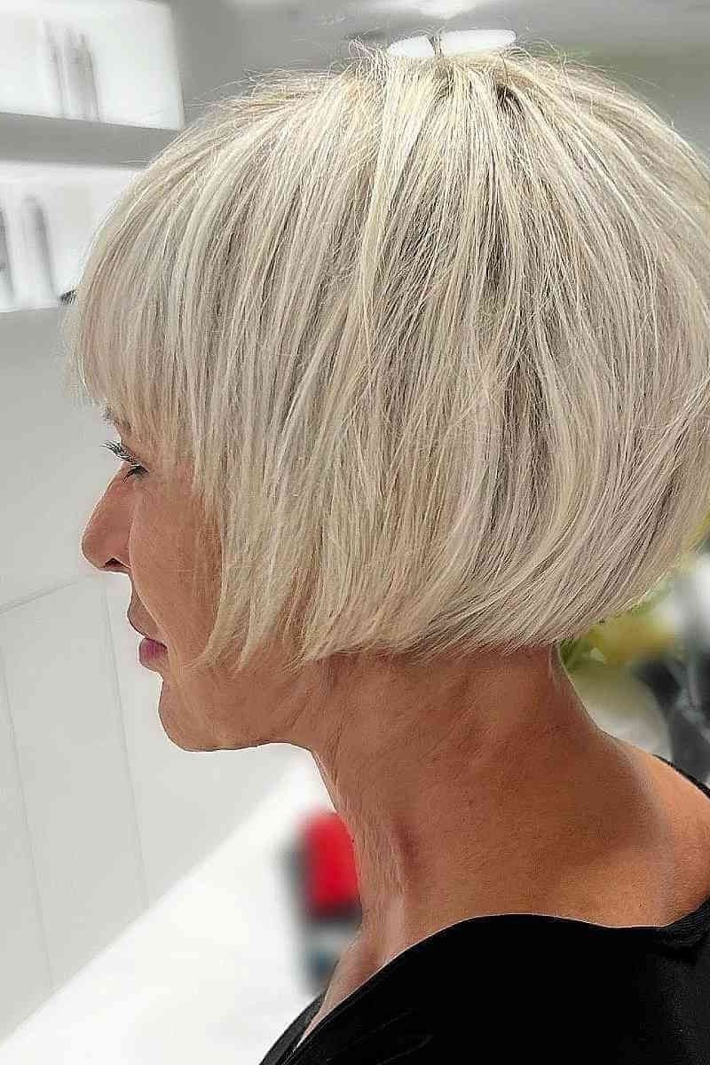 Platinum rounded bob, side view, salon - wash and wear haircut for women over 60