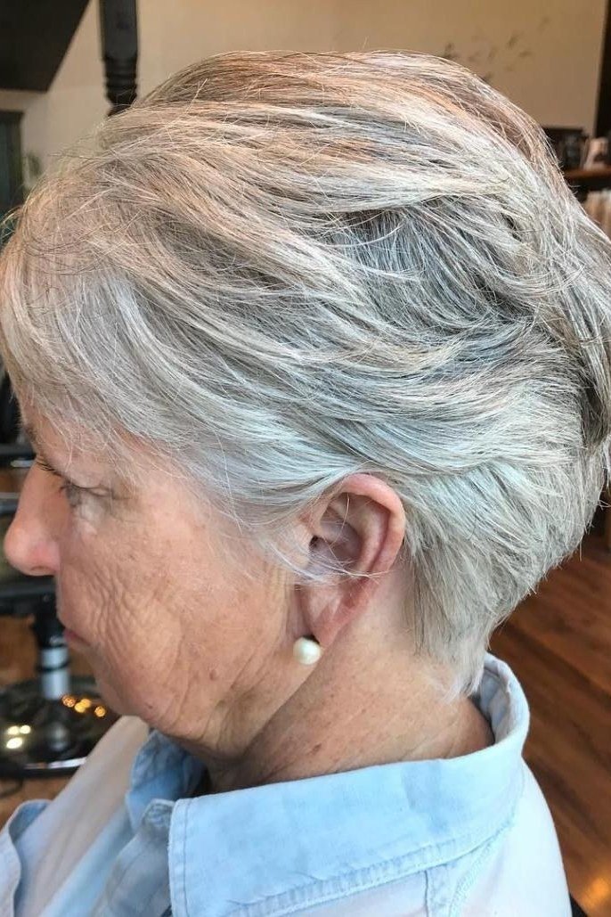 Grey layered pixie, side view, salon - wash and wear haircut for women over 60