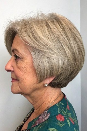 Grey pixie, looking down, white top - wash and wear haircut for women over 60