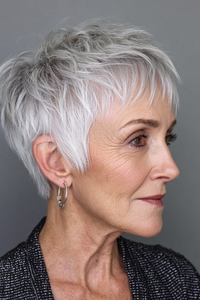 Silver-white pixie, side view, dark patterned top - wash and wear haircut for women over 60