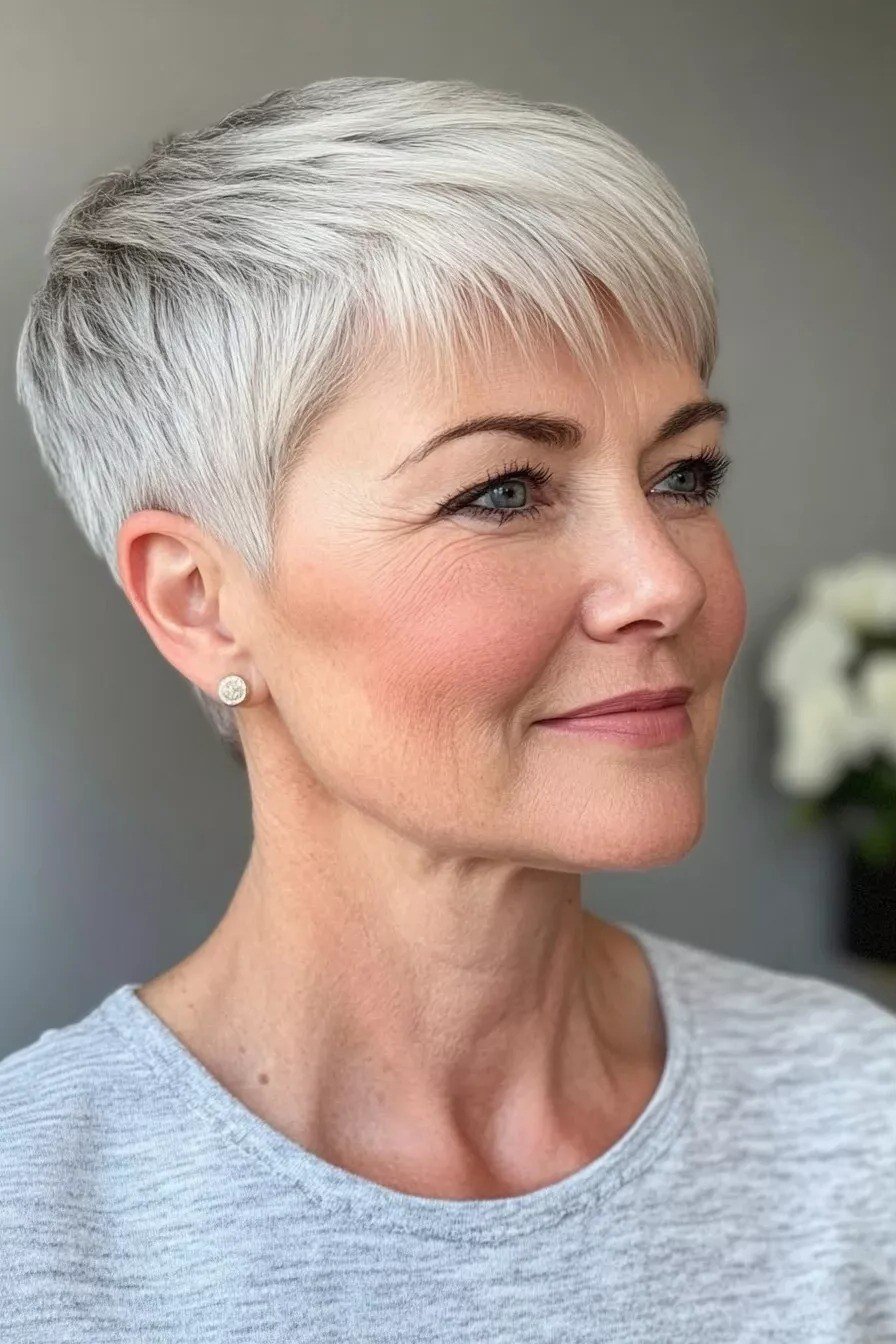 Silver pixie, side view, floral top - wash and wear haircut for women over 60
